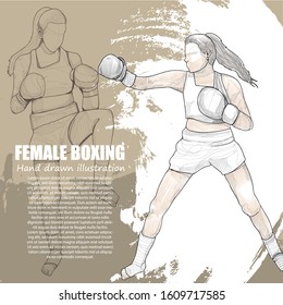 hand drawn illustration of female boxing in action on background design.