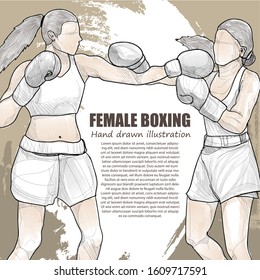 hand drawn illustration of female boxing in action on background design.