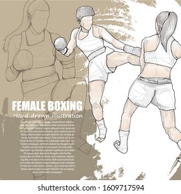 hand drawn illustration of female boxing in action on background design.