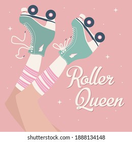 Hand drawn illustration with female legs and tube socks and retro roller skates. Colorful vector illustration