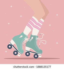 Hand drawn illustration with female legs and tube socks and retro roller skates. Colorful vector illustration