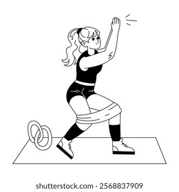 A hand drawn illustration of female player doing physical training with stretching band 

