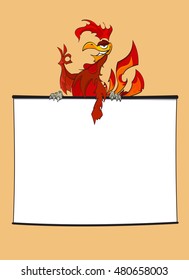 Hand drawn illustration of Fiery Red Rooster points to information board. Projector screen