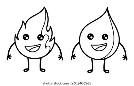 hand drawn illustration of fire and water with smiling face on white background