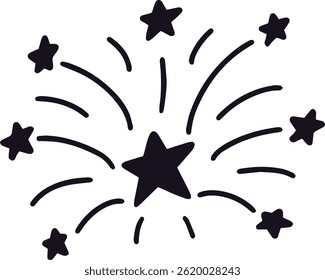 Hand drawn illustration of fireworks exploding, creating a celebratory atmosphere with many stars, perfect for festive occasions and special events