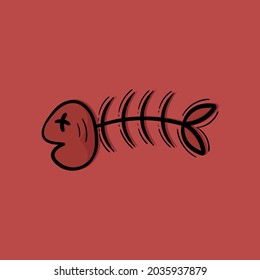 hand drawn illustration of fish bones on red background