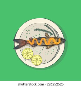 Hand drawn illustration - fish with lemon on the dish. Vector.
