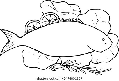 hand drawn illustration of fish with lemon, grilled fish illustration
