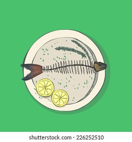 Hand drawn illustration - fish skeleton with lemon on the dish. Vector.