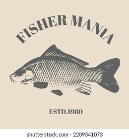 Hand drawn illustration of the Fish, vintage retro style vector illustration template design