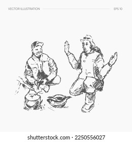 Hand drawn illustration of a fisherman tells his friend how he caught a fish