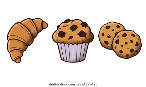 hand drawn illustration of flaky croissant chocolate muffin and chip cookies for cafe menu design