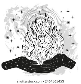 Hand drawn illustration with flame and witchy mystical symbols in hands of fortune teller or witch. Tattoo, poster or altar print design concept, esoteric, wicca and gothic background