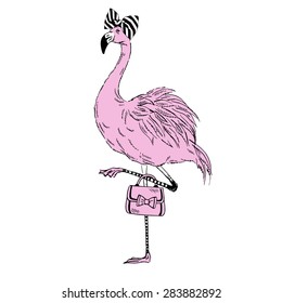 hand drawn illustration of flamingo fashion girl with handbag