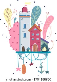 Hand drawn illustration in a flat style of a lighthouse and two houses with feathers, bushes and other plants on the flying island 