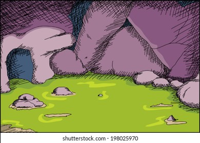 Hand drawn illustration of flooded cave with green water