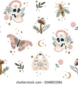 Hand Drawn Illustration Floral Skull Seamless Pattern With Butterfly, Snake, Ouija Board And Botanical Elements. Mystical Occult Pattern Background For Halloween. 