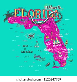 Hand drawn illustration of Florida map  with tourist attractions. Travel concept.