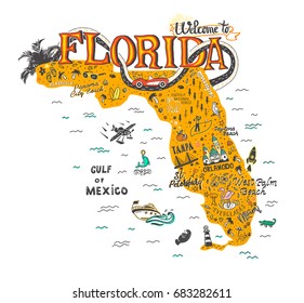 Hand drawn illustration of Florida map with tourist attractions. Travel concept.