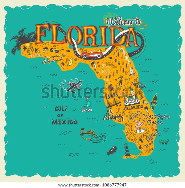 Hand Drawn Illustration Florida Map Tourist Stock Vector Royalty