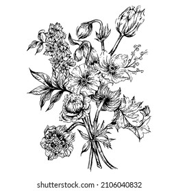 hand drawn illustration of flower bouquet in engraved style, isolated on white background
