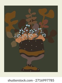 Hand drawn illustration with flowerpot. Different and leaves blue flowers in pot with  dots. Vector illustration.
