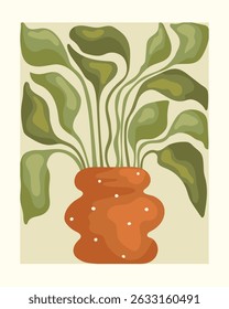 Hand drawn illustration with flowerpot. Green leaves in pot with white dots. Vector illustration. 