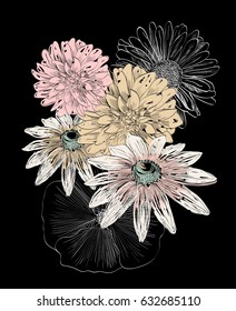 Hand drawn illustration with flowers. Floral background