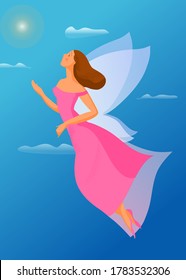 Hand Drawn Illustration, Flying Girl With Wings