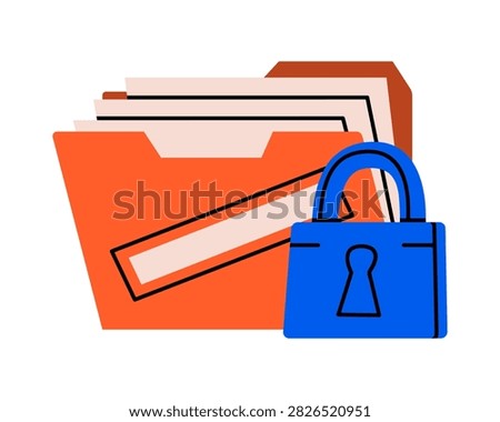 Hand drawn illustration of folder with papers and lock. Flat vector secure file archive doodle. Confidential or personal information icon. Data protection. Top secret document. Isolated.