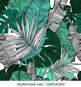 Hand drawn illustration with foliage of tropical plants. Seamless pattern with banana leaves, palm leaves and monsters. Bright summer vector design.