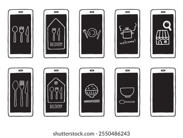 Ilustração desenhada à mão de entrega de alimentos com smartphone