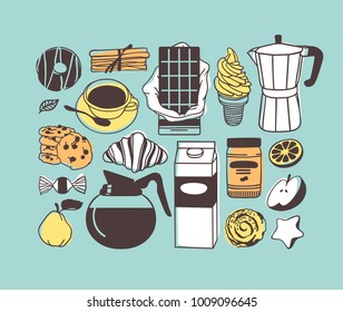 Hand drawn illustration food, drink and dishes. Creative ink art work. Actual vector drawing. Kitchen set of sweets