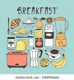 Hand drawn illustration food, drink and dishes. Creative ink art work. Actual vector drawing breakfast. Kitchen set