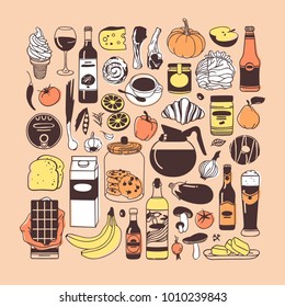 Hand drawn illustration food, drink and dishes. Creative ink art work. Actual vector drawing. Kitchen set