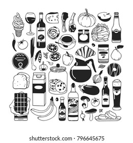 Hand drawn illustration food, drink and dishes. Creative ink art work. Actual vector drawing. Kitchen set