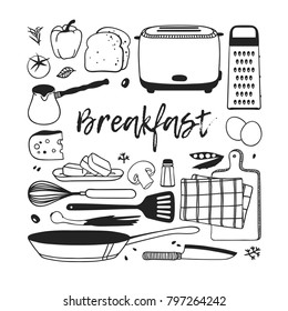 Hand drawn illustration food, drink and dishes. Creative ink art work. Actual vector drawing breakfast. Kitchen set