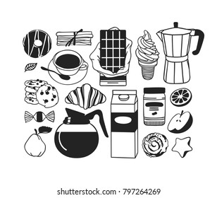 Hand drawn illustration food, drink and dishes. Creative ink art work. Actual vector drawing. Kitchen set of sweets