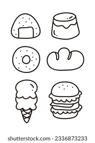 Hand drawn illustration of food objects in doodle style. Rice balls, puddings, donuts, bread, ice cream, hamburgers.