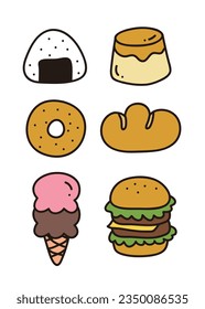 Hand drawn illustration of food objects in doodle style. Rice balls, puddings, donuts, bread, ice cream, hamburgers.