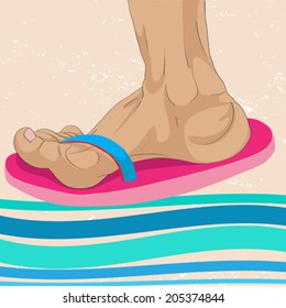 Hand drawn illustration of a foot profile with flip flops over a grungy sand background with abstract waves