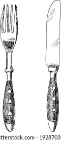 Hand drawn illustration of a fork and knife, cutlery using line drawing