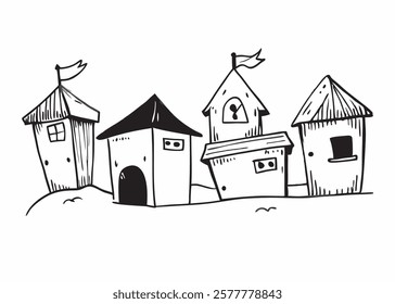 Hand drawn illustration of four different cartoon houses with flags for business use