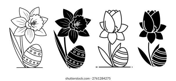 Hand drawn illustration of four different stylized Easter lily flowers with decorated eggs in various artistic styles