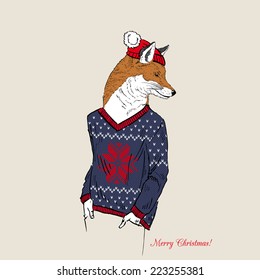 hand drawn illustration of fox boy dressed up in jacquard pullover