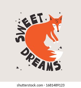 Hand drawn illustration with fox, stars and lettering. Colorful cute background vector. Sweet dreams, poster design. Backdrop with english text, animal. Funny card, phrase