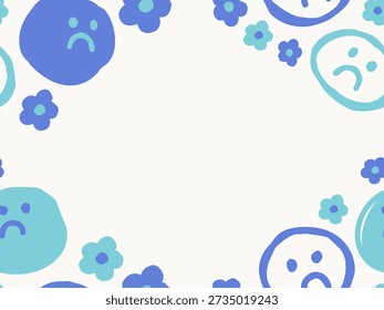 Marco dibujado a mano de la ilustración con los iconos azules de la cara triste y las flores Pequeñas alrededor del espacio central vacío. Diseño emocional lindo para diseño de texto, carteles y contenido de redes sociales.