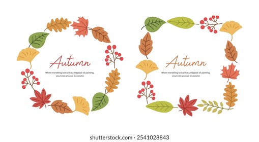 Hand drawn illustration frame border background with autumn concept. Leaves, fallen leaves, maple leaves, ginkgo leaves, berries, etc.