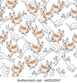 Hand Drawn Illustration. French Bulldog, ?ats. Paris theme. Vector Seamless Pattern For Textile Or Book Covers, Manufacturing, Wallpapers, Print, Gift wrap And Scrapbooking.