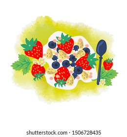 hand drawn illustration with Fresh strawberries, blueberries and almond on colorful watercolor background. Natural background for textiles, banner, wrapping paper and other and designs. 